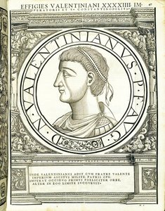 Valentinianus, illustration from Imperatorum Romanorum Omnium Orientalium et Occidentalium Verissimae Imagines ex Antiquis Numismatis